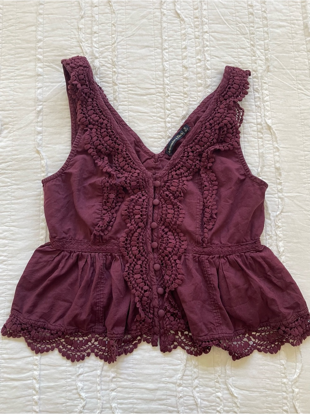 A&F Burgundy V-Neck Peplum Tank with Crocheted Trim | Small